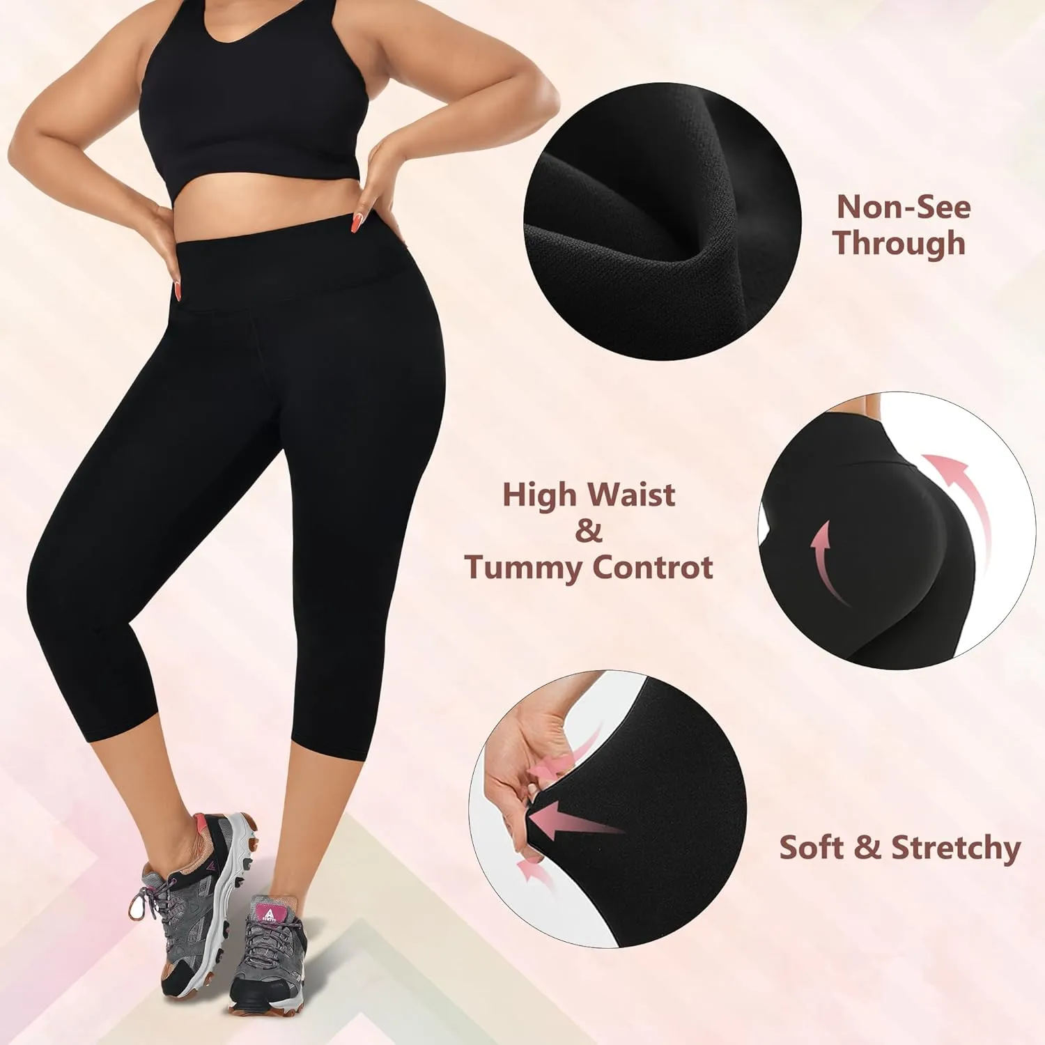 3 Pack Women's Plus Size Capri Leggings High Waist Tummy Control, Stretchy Yoga Workout Pants (XL-4X) - Spandex Elastic Fit
