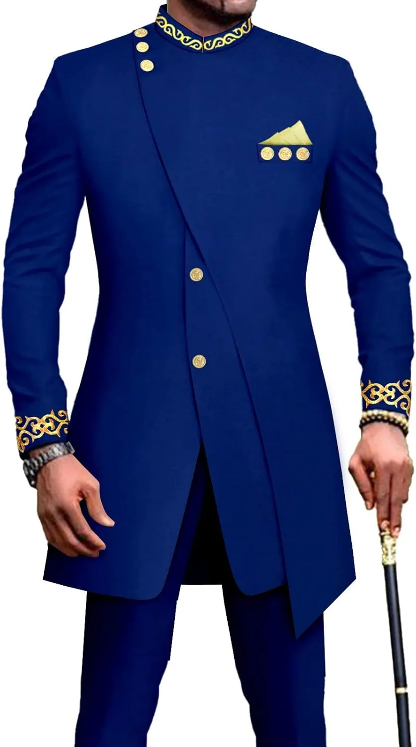 African Suits for Men Slim Fit Embroidery Blazer and Pants Set Business Dress Suit Party Wedding Evening