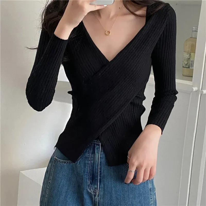 Aiertu Autumn Winter Knitwear Tops Fashion Female Long Sleeve Skinny Elastic Casual V-neck Knitted Shirts Women Pullover Sweaters