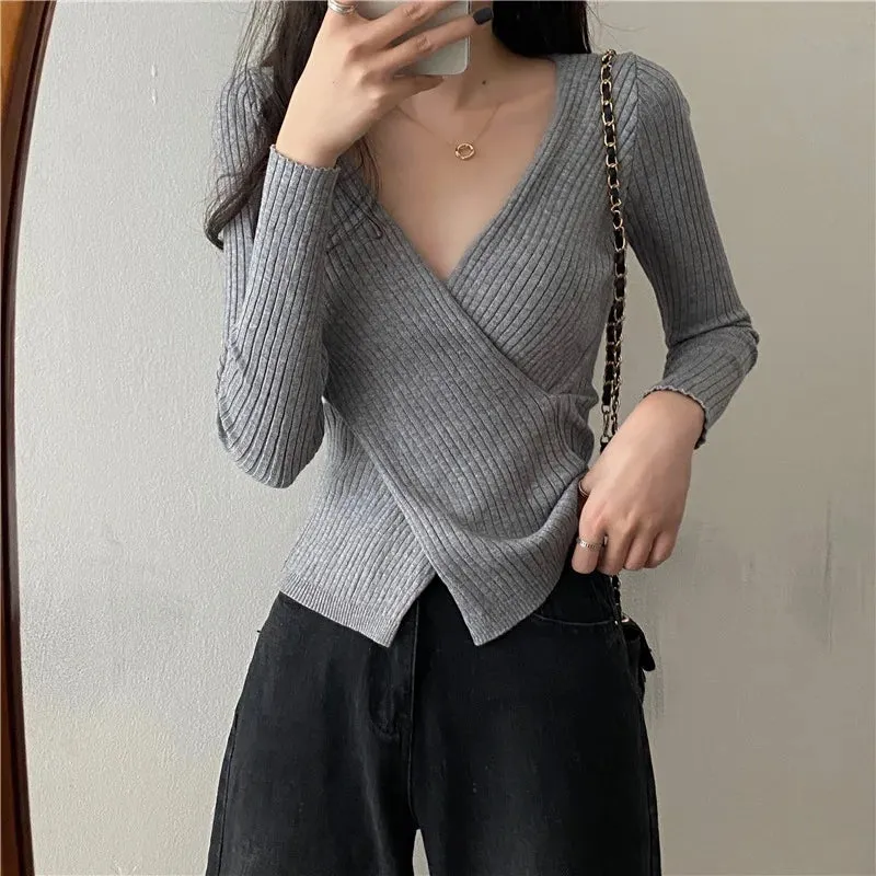 Aiertu Autumn Winter Knitwear Tops Fashion Female Long Sleeve Skinny Elastic Casual V-neck Knitted Shirts Women Pullover Sweaters