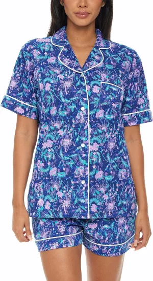 Alexander Del Rossa Women's Soft Cotton Knit Jersey Pajamas Lounge Set, Short Sleeve Top and Shorts with Pockets