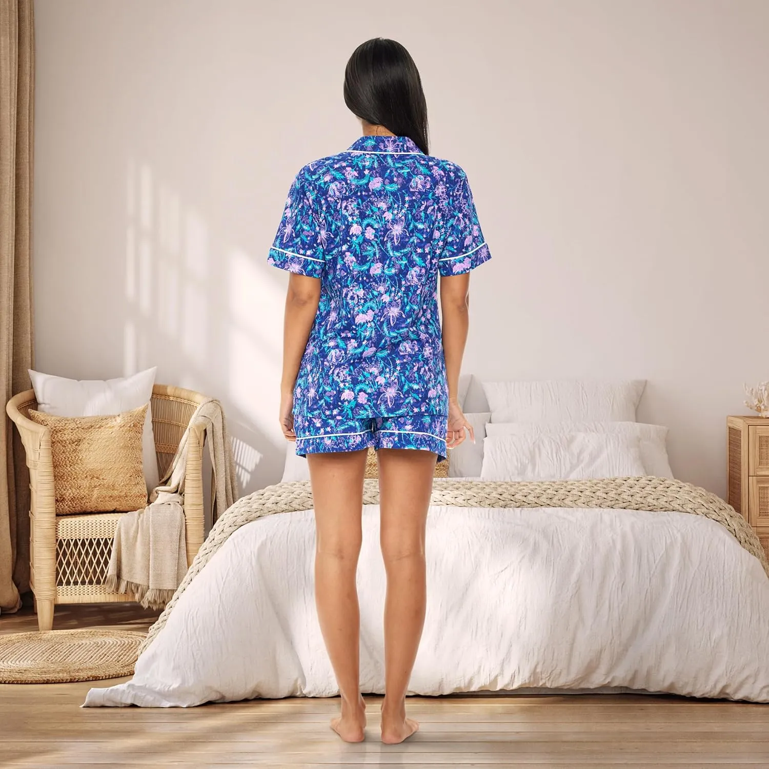 Alexander Del Rossa Women's Soft Cotton Knit Jersey Pajamas Lounge Set, Short Sleeve Top and Shorts with Pockets