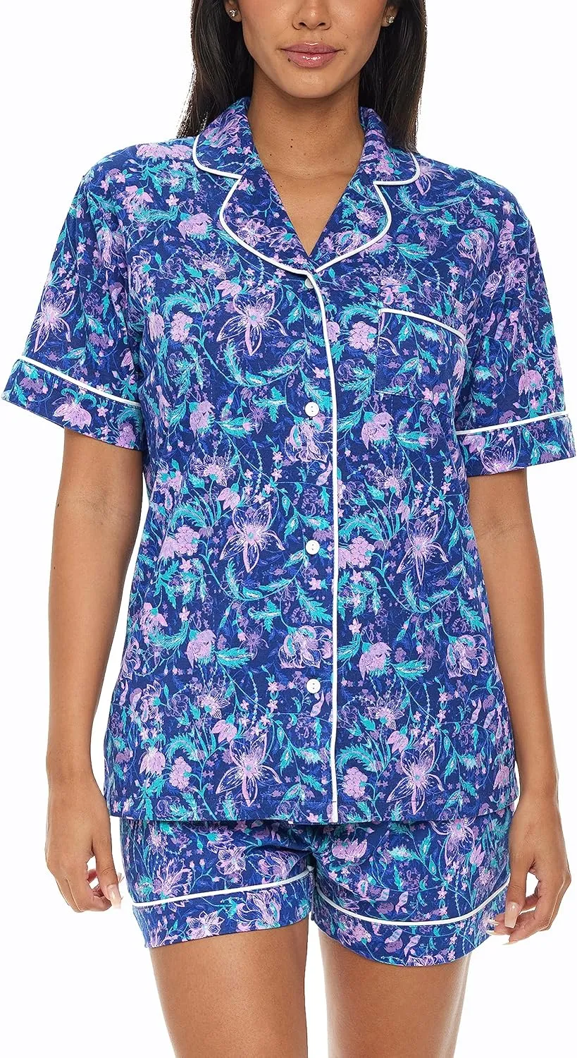 Alexander Del Rossa Women's Soft Cotton Knit Jersey Pajamas Lounge Set, Short Sleeve Top and Shorts with Pockets