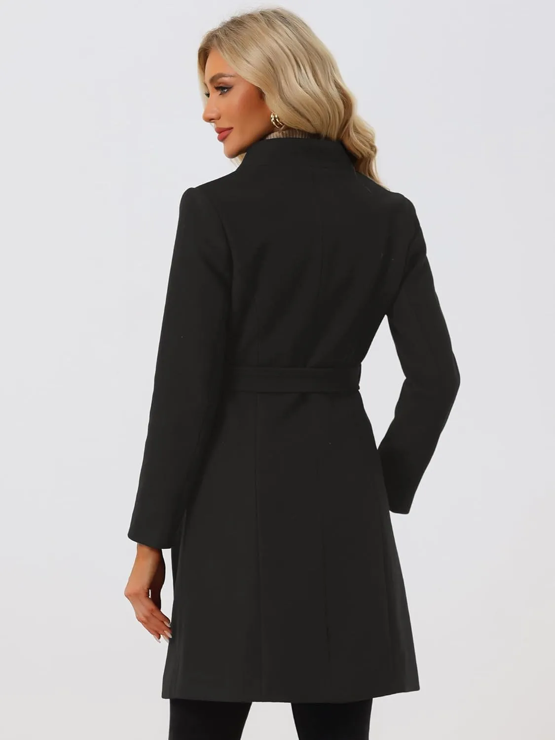 Allegra K Winter Belted Coat for Women's Stand Collar Buttoned Outwear Mid-Long Work Overcoat