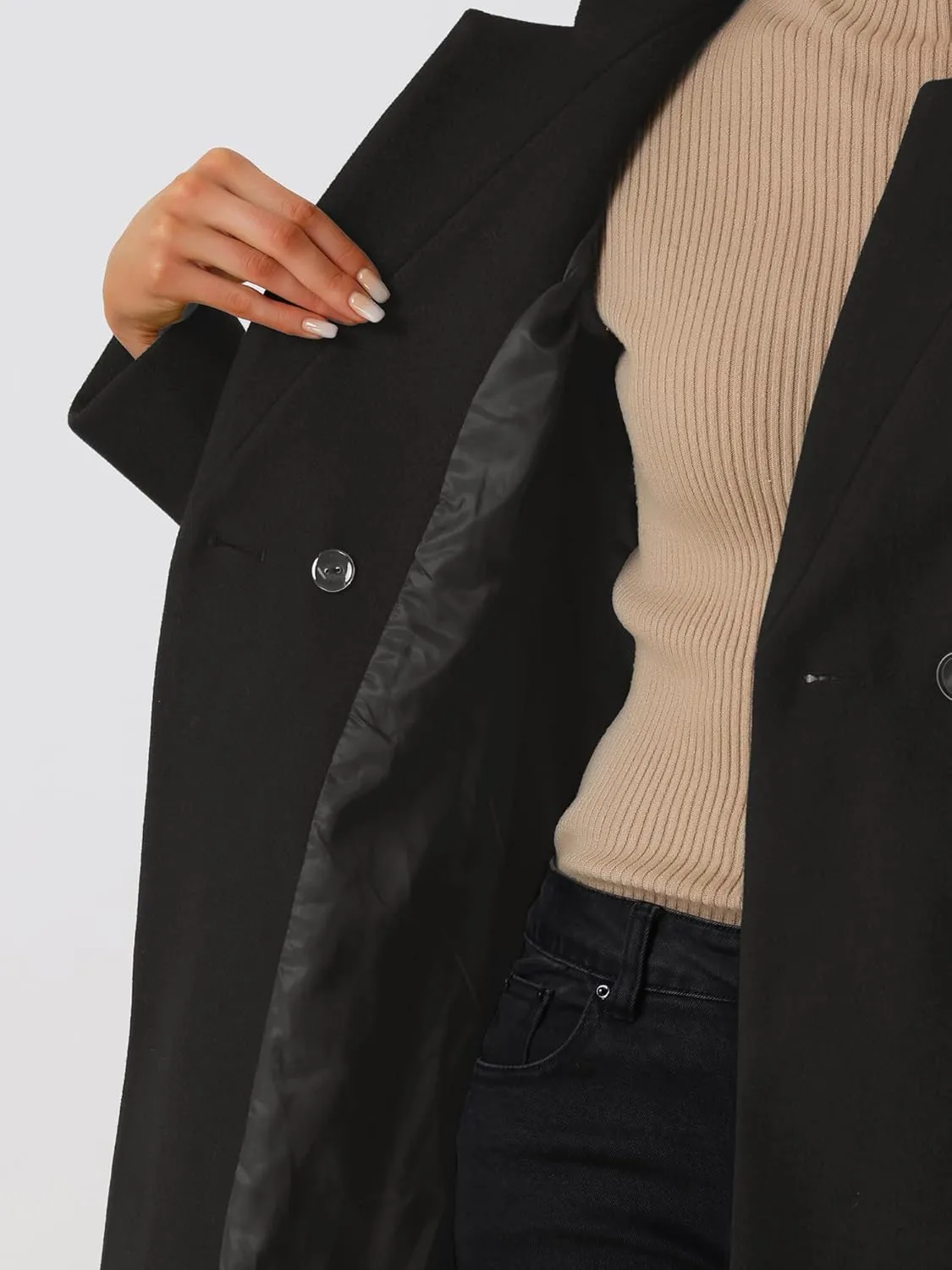 Allegra K Winter Belted Coat for Women's Stand Collar Buttoned Outwear Mid-Long Work Overcoat