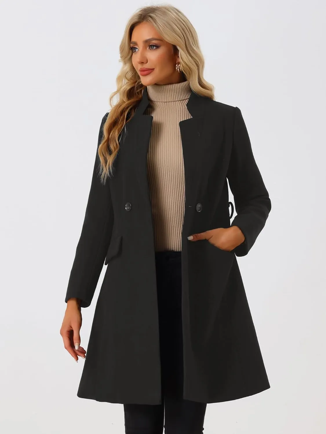 Allegra K Winter Belted Coat for Women's Stand Collar Buttoned Outwear Mid-Long Work Overcoat
