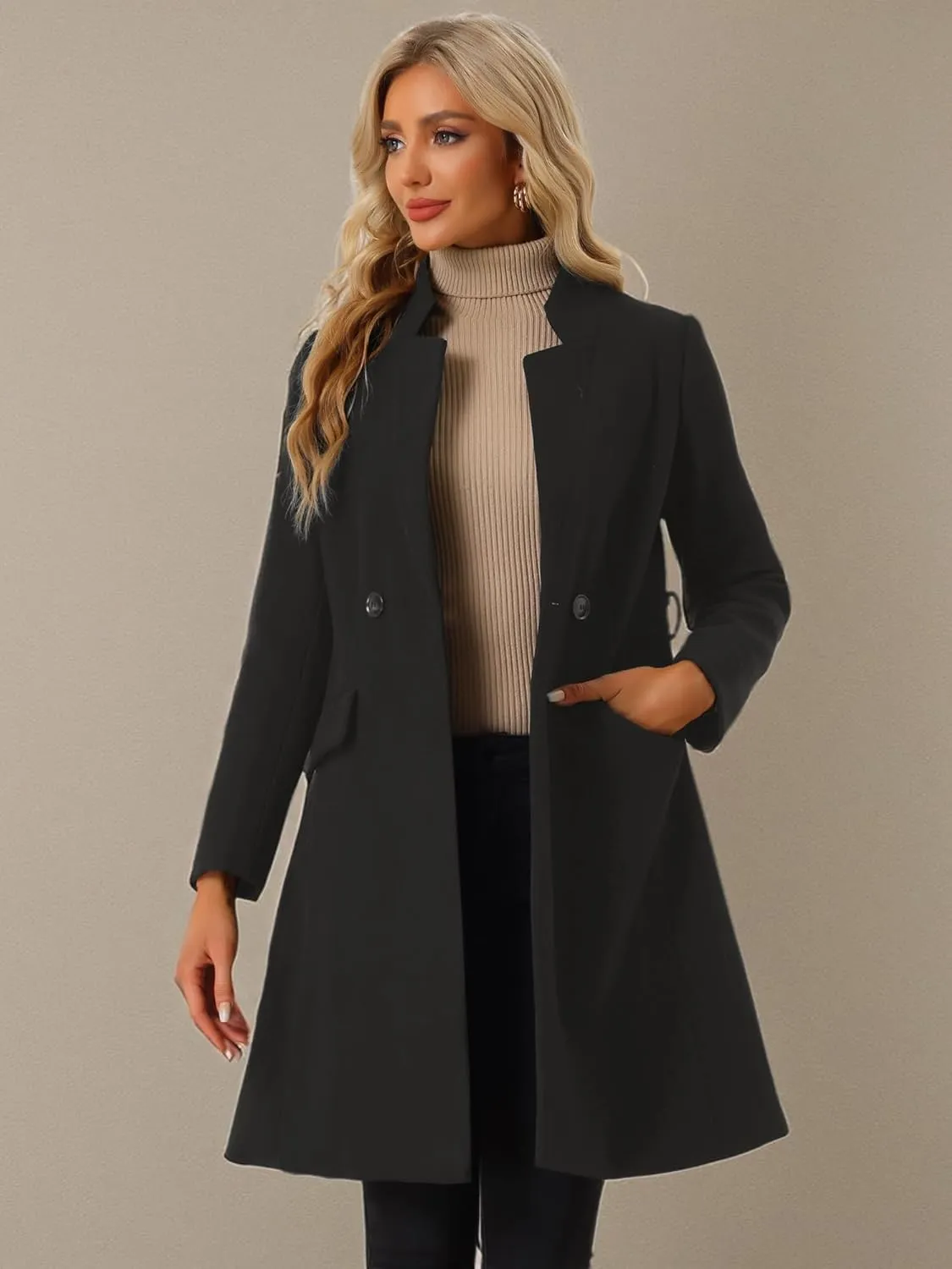 Allegra K Winter Belted Coat for Women's Stand Collar Buttoned Outwear Mid-Long Work Overcoat