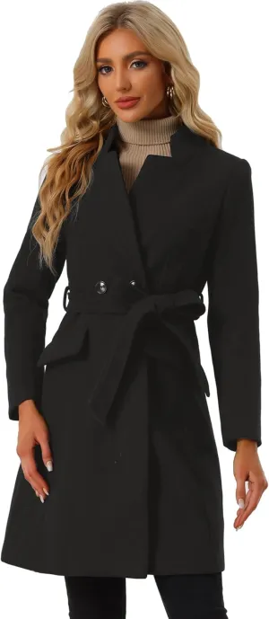 Allegra K Winter Belted Coat for Women's Stand Collar Buttoned Outwear Mid-Long Work Overcoat