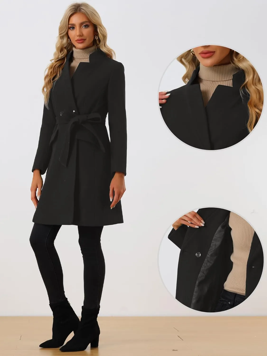 Allegra K Winter Belted Coat for Women's Stand Collar Buttoned Outwear Mid-Long Work Overcoat