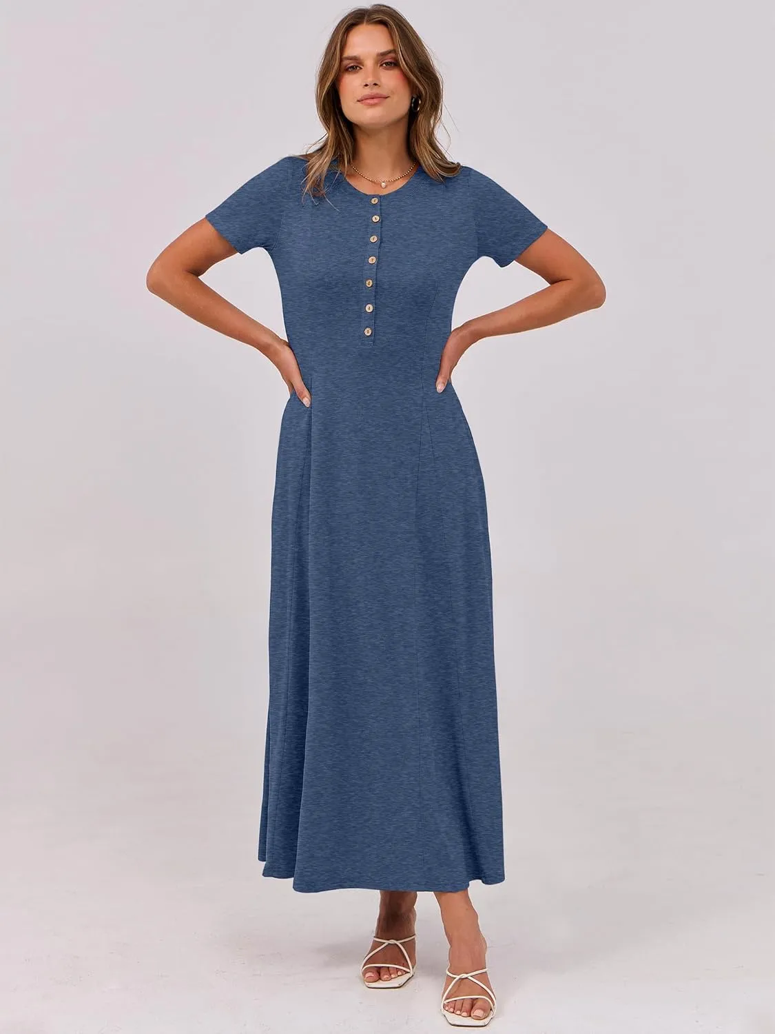 ANRABESS Women Summer Maxi Dress 2025 Casual Short Sleeve Button Fit & Flare A-Line Flowy Spring Long Dresses with Pockets