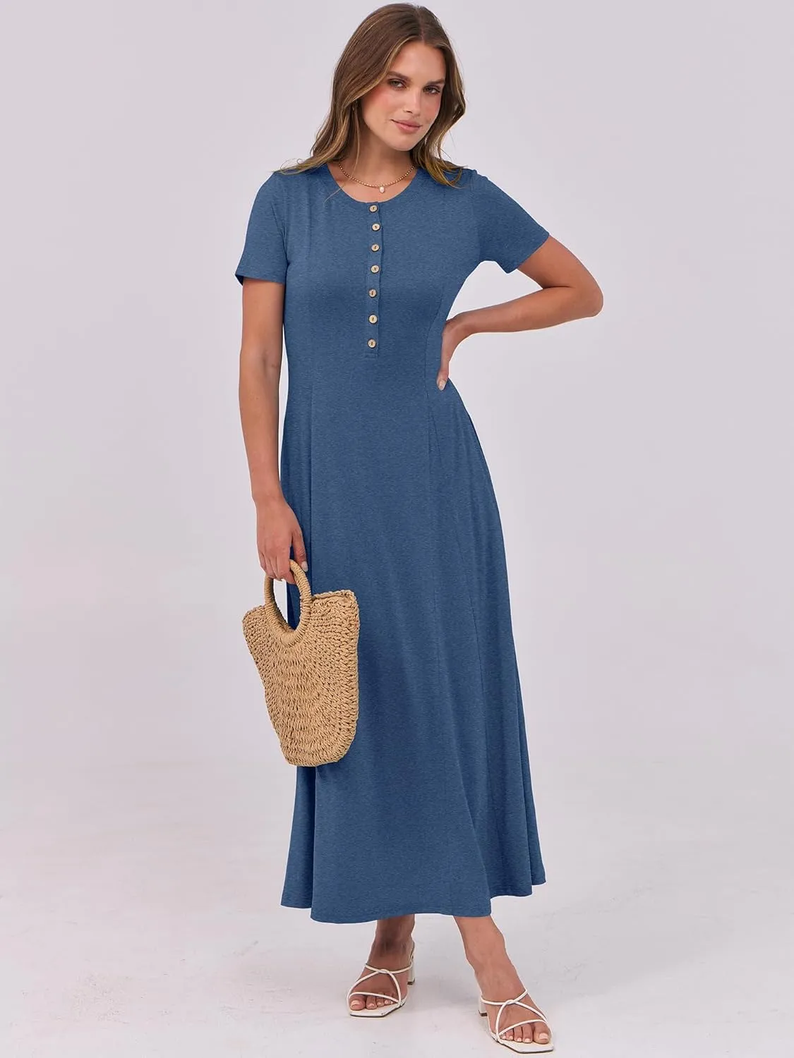 ANRABESS Women Summer Maxi Dress 2025 Casual Short Sleeve Button Fit & Flare A-Line Flowy Spring Long Dresses with Pockets
