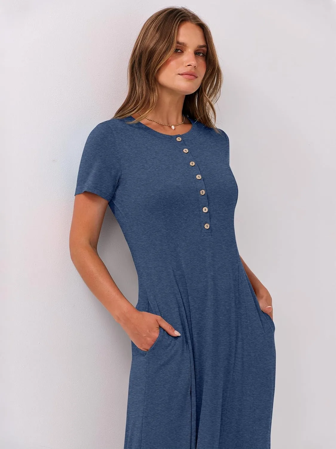 ANRABESS Women Summer Maxi Dress 2025 Casual Short Sleeve Button Fit & Flare A-Line Flowy Spring Long Dresses with Pockets