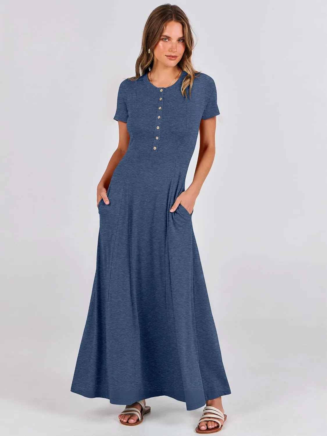ANRABESS Women Summer Maxi Dress 2025 Casual Short Sleeve Button Fit & Flare A-Line Flowy Spring Long Dresses with Pockets