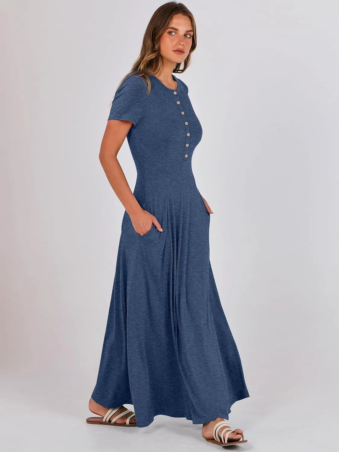 ANRABESS Women Summer Maxi Dress 2025 Casual Short Sleeve Button Fit & Flare A-Line Flowy Spring Long Dresses with Pockets