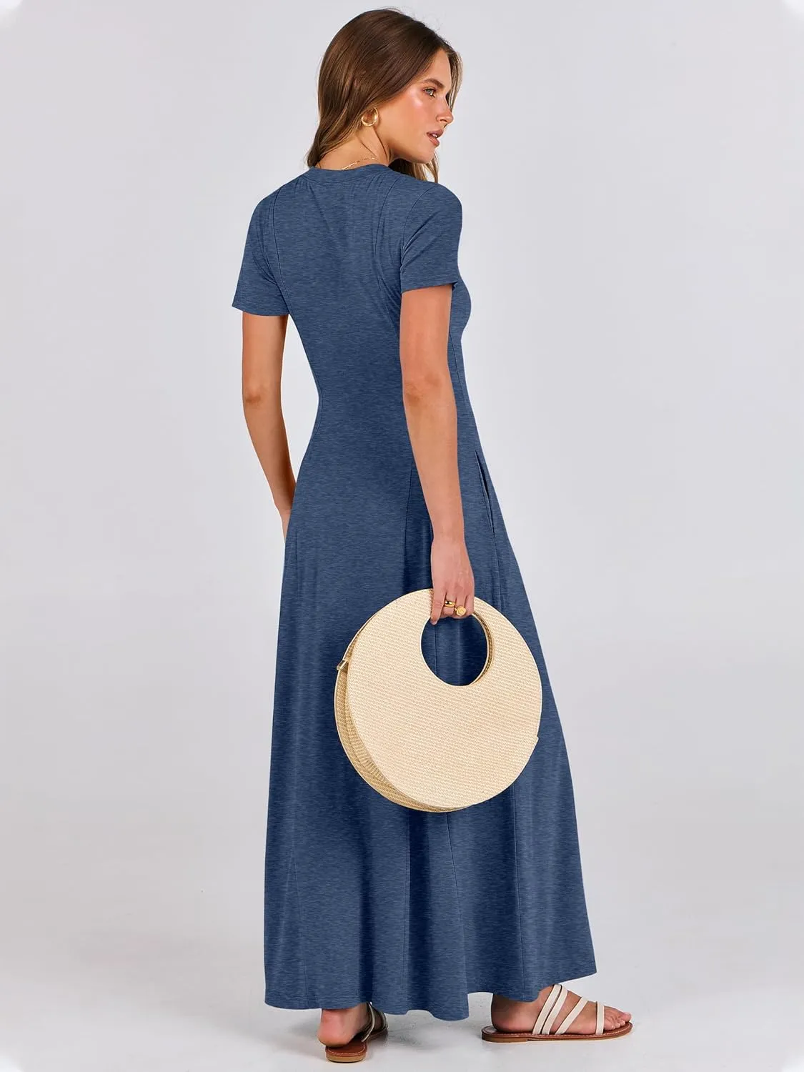 ANRABESS Women Summer Maxi Dress 2025 Casual Short Sleeve Button Fit & Flare A-Line Flowy Spring Long Dresses with Pockets