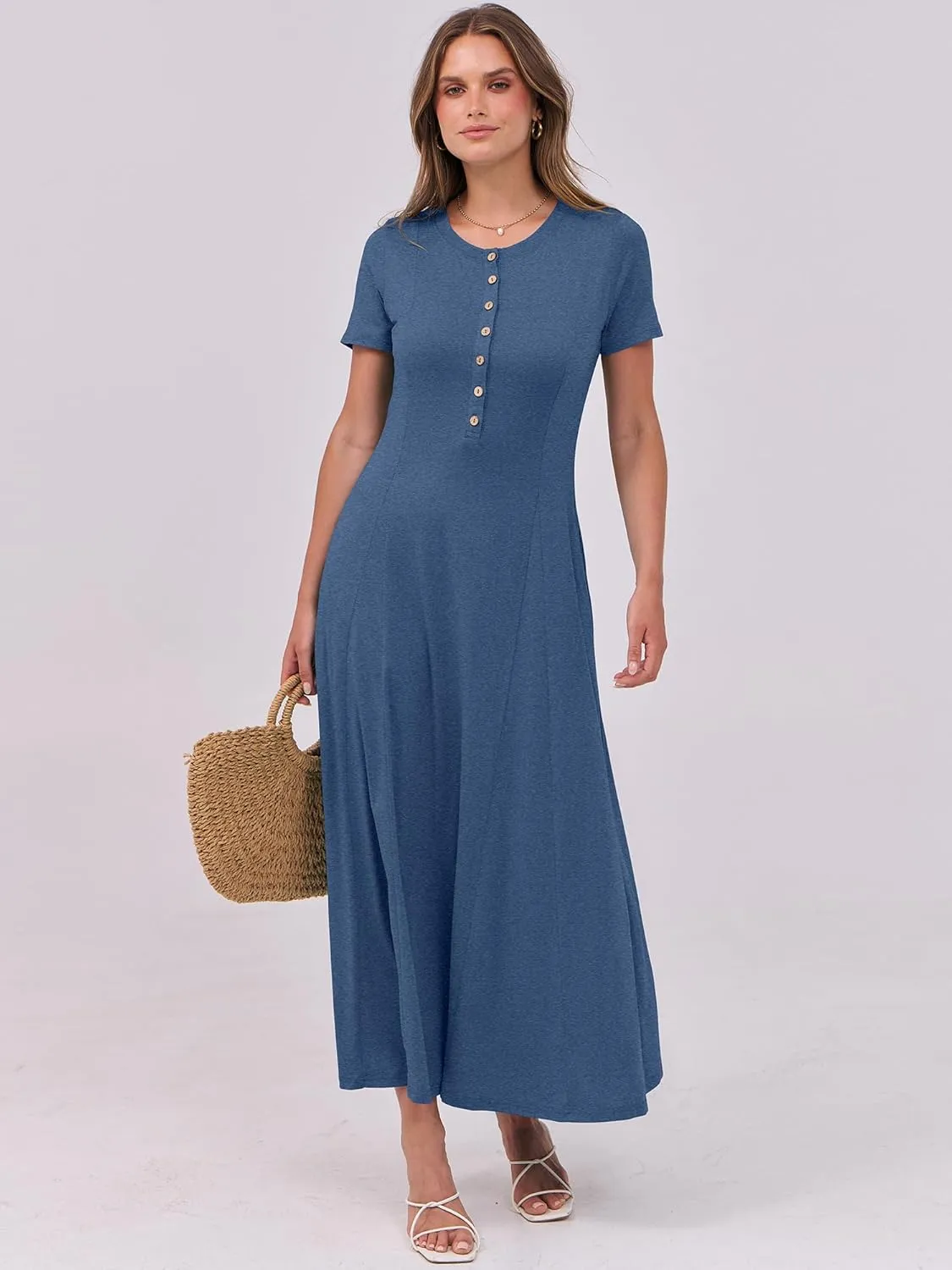 ANRABESS Women Summer Maxi Dress 2025 Casual Short Sleeve Button Fit & Flare A-Line Flowy Spring Long Dresses with Pockets
