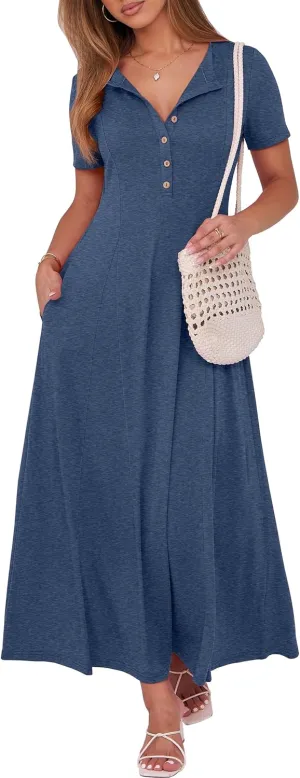ANRABESS Women Summer Maxi Dress 2025 Casual Short Sleeve Button Fit & Flare A-Line Flowy Spring Long Dresses with Pockets