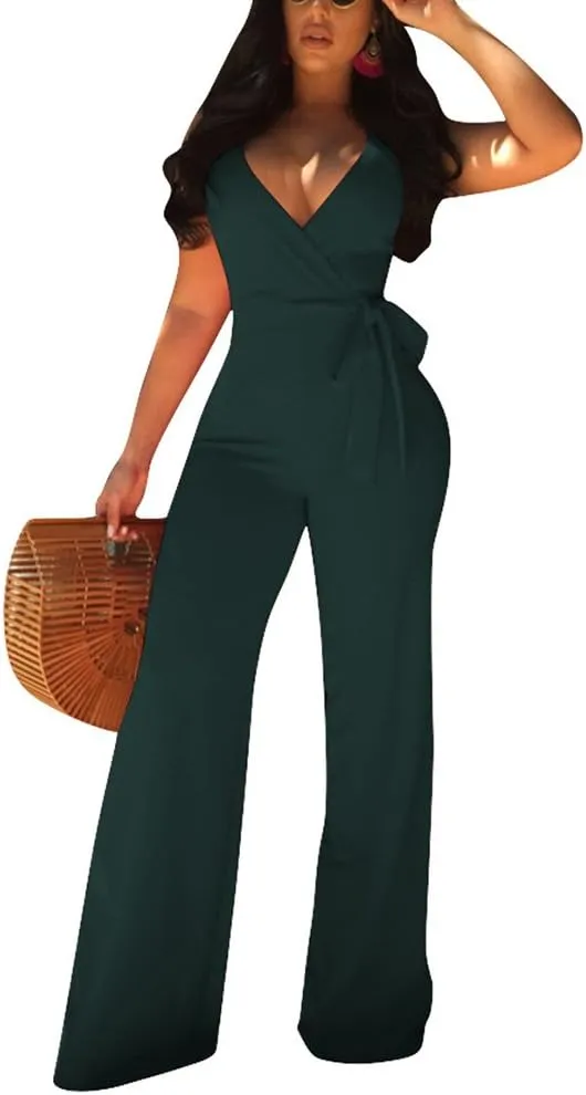 Aro Lora Women's Sexy V Neck Sleeveless Backless Long Wide Leg Pant Jumpsuit Romper