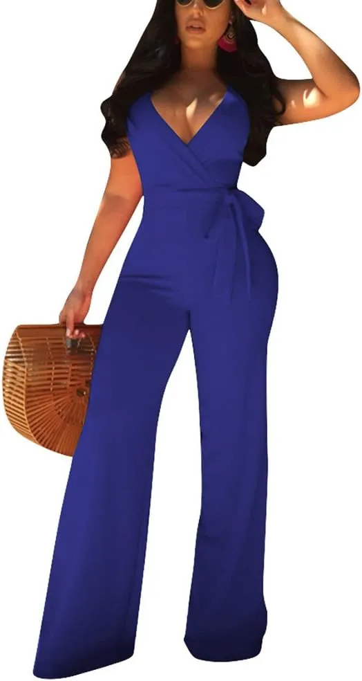 Aro Lora Women's Sexy V Neck Sleeveless Backless Long Wide Leg Pant Jumpsuit Romper