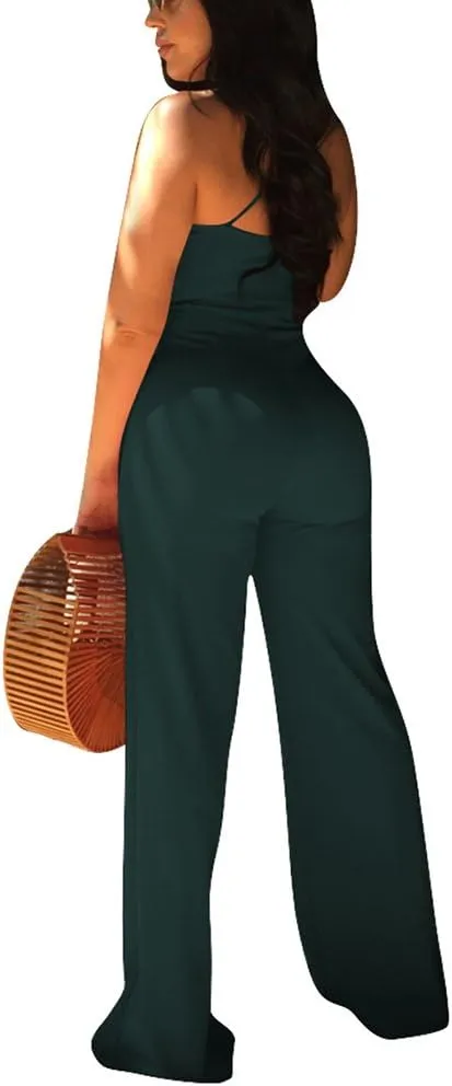 Aro Lora Women's Sexy V Neck Sleeveless Backless Long Wide Leg Pant Jumpsuit Romper