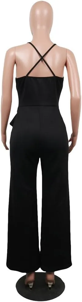 Aro Lora Women's Sexy V Neck Sleeveless Backless Long Wide Leg Pant Jumpsuit Romper