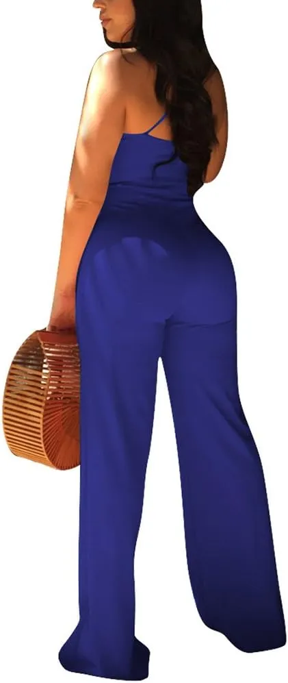 Aro Lora Women's Sexy V Neck Sleeveless Backless Long Wide Leg Pant Jumpsuit Romper