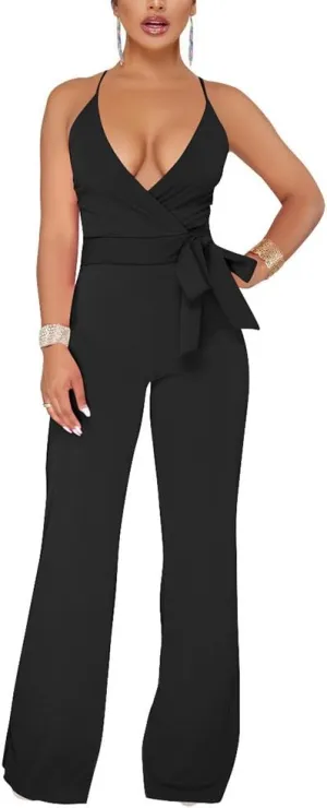 Aro Lora Women's Sexy V Neck Sleeveless Backless Long Wide Leg Pant Jumpsuit Romper