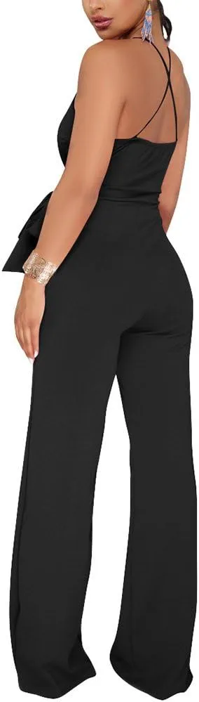 Aro Lora Women's Sexy V Neck Sleeveless Backless Long Wide Leg Pant Jumpsuit Romper
