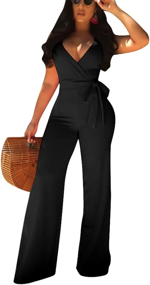 Aro Lora Women's Sexy V Neck Sleeveless Backless Long Wide Leg Pant Jumpsuit Romper