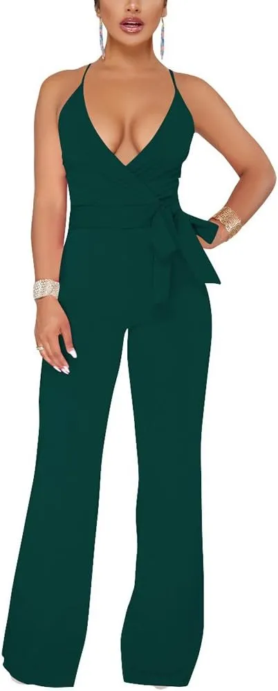 Aro Lora Women's Sexy V Neck Sleeveless Backless Long Wide Leg Pant Jumpsuit Romper