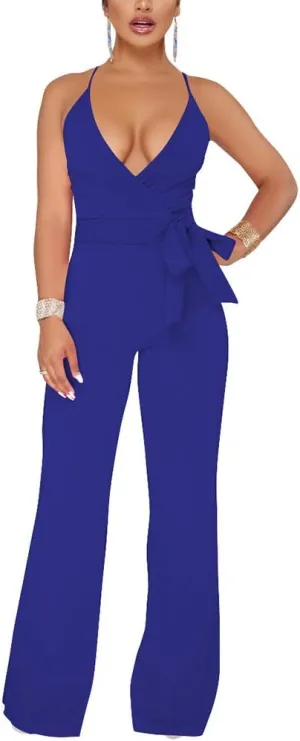 Aro Lora Women's Sexy V Neck Sleeveless Backless Long Wide Leg Pant Jumpsuit Romper