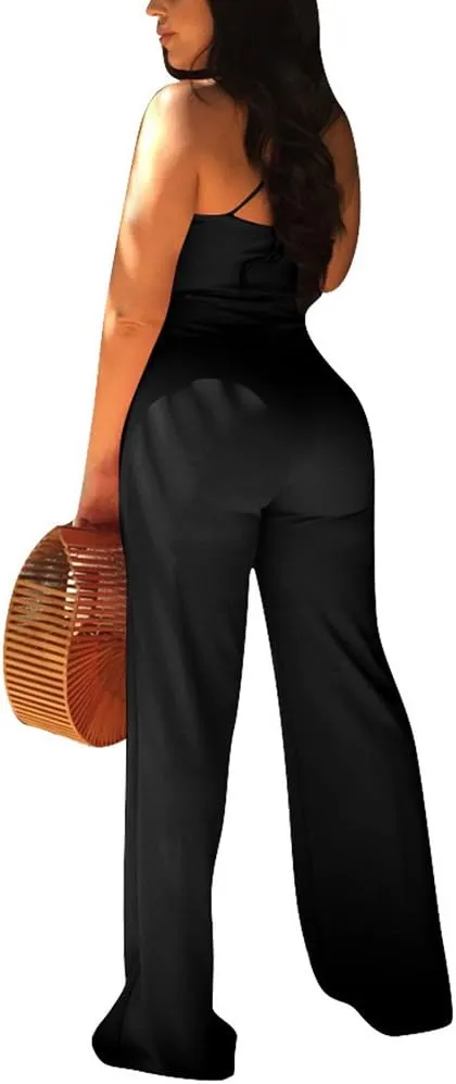 Aro Lora Women's Sexy V Neck Sleeveless Backless Long Wide Leg Pant Jumpsuit Romper