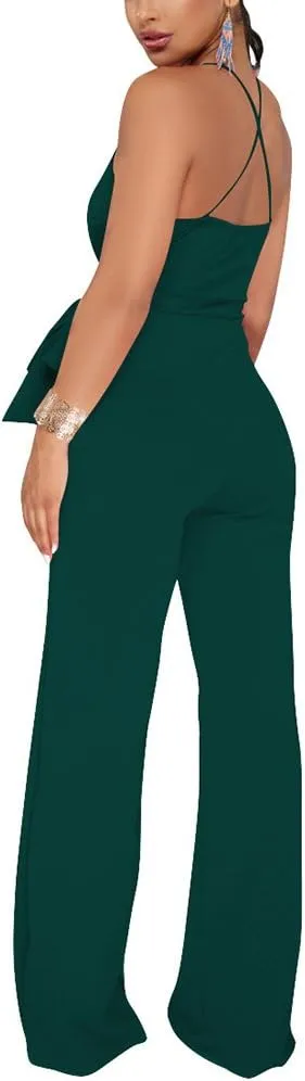 Aro Lora Women's Sexy V Neck Sleeveless Backless Long Wide Leg Pant Jumpsuit Romper