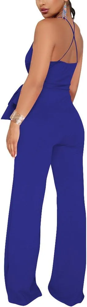 Aro Lora Women's Sexy V Neck Sleeveless Backless Long Wide Leg Pant Jumpsuit Romper