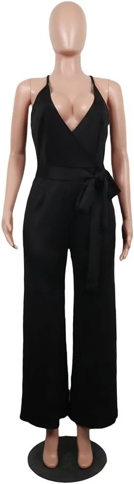 Aro Lora Women's Sexy V Neck Sleeveless Backless Long Wide Leg Pant Jumpsuit Romper