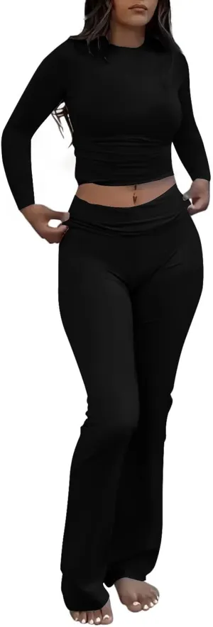 AYWA Women's 2 Piece Outfits Foldover Flare Pants Long Sleeve Crew Neck T-shirt Fitted Pajama Sets