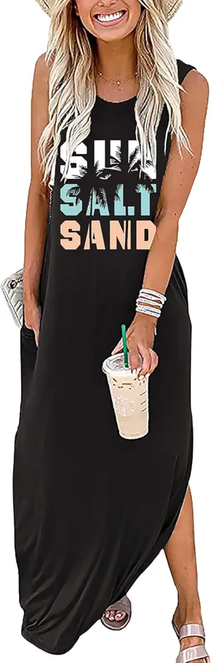 Beach Summer Dress for Women Sun Salt Sand Tank Dresses Holiday Sundress Beach Sleeveless Split Maxi Dress