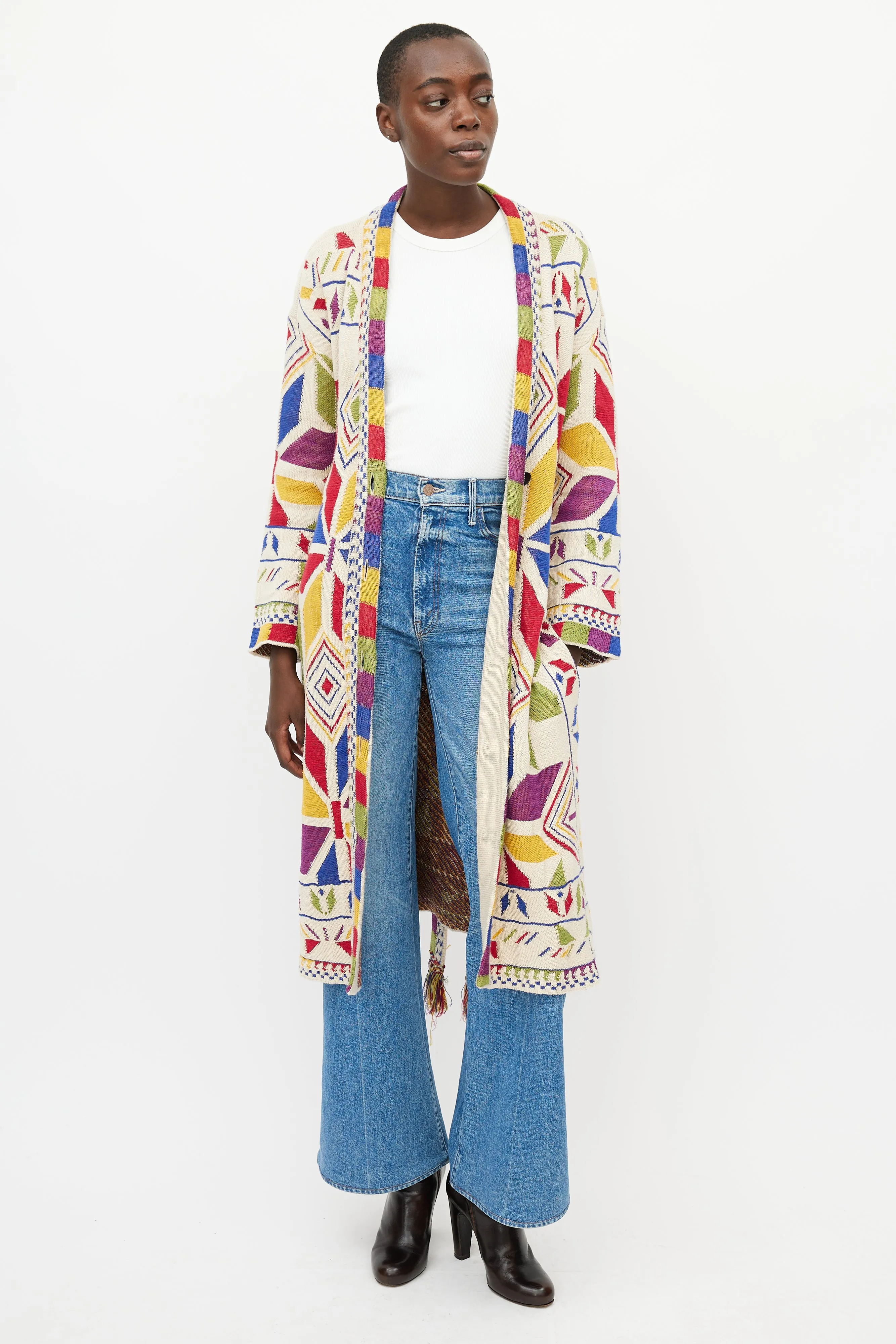 Beige & Multi Long Belted Cardigan