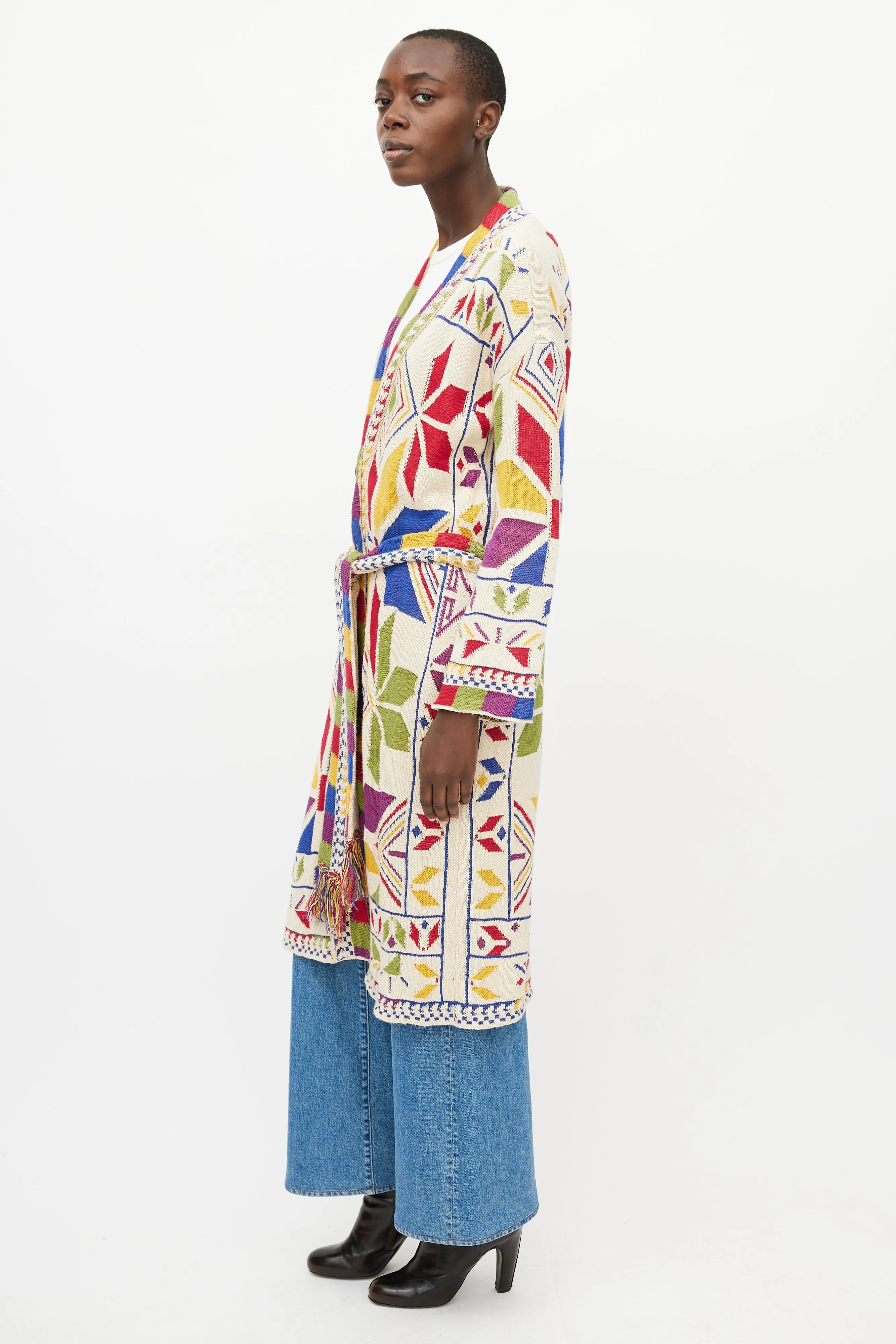 Beige & Multi Long Belted Cardigan