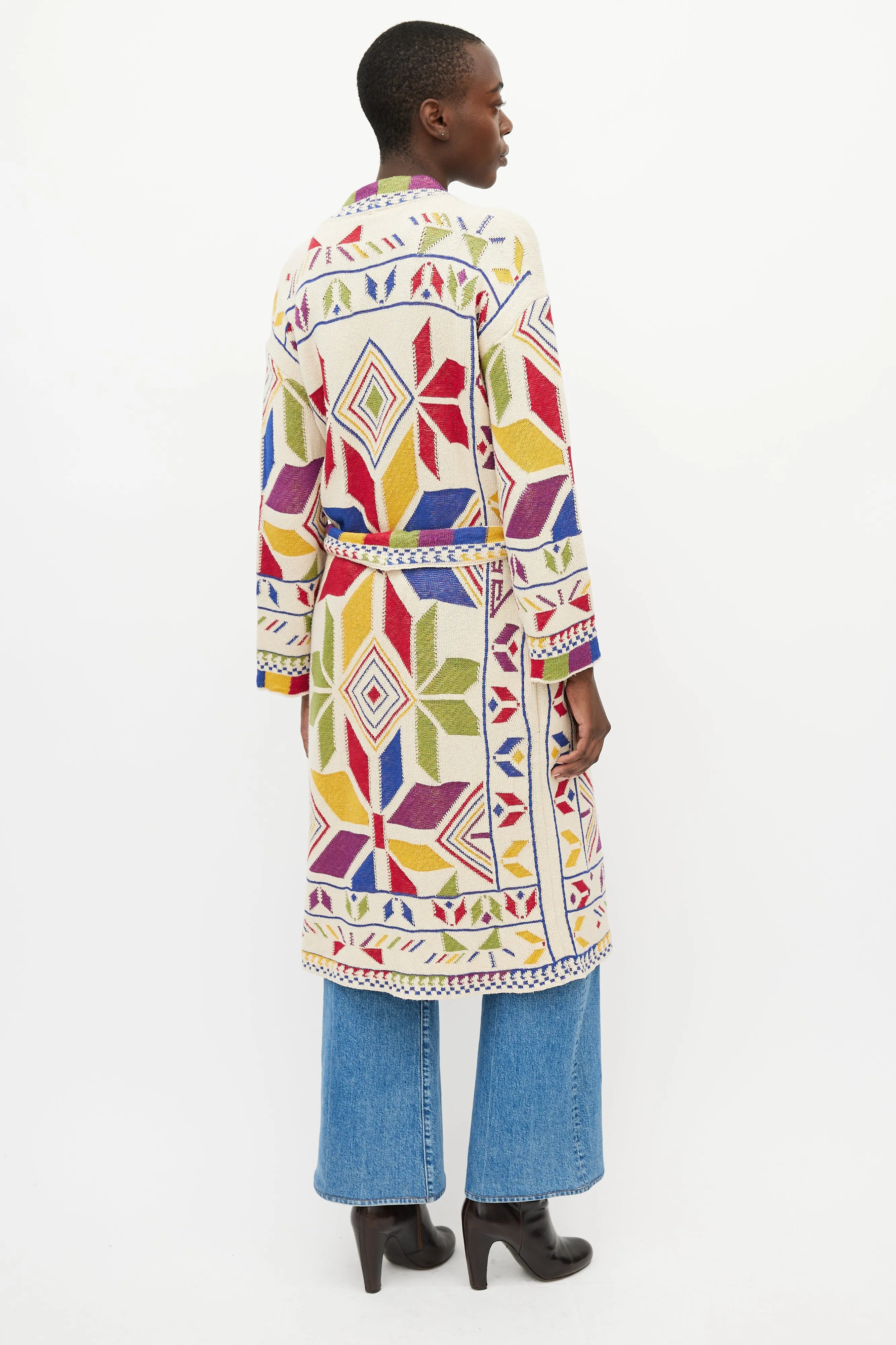 Beige & Multi Long Belted Cardigan