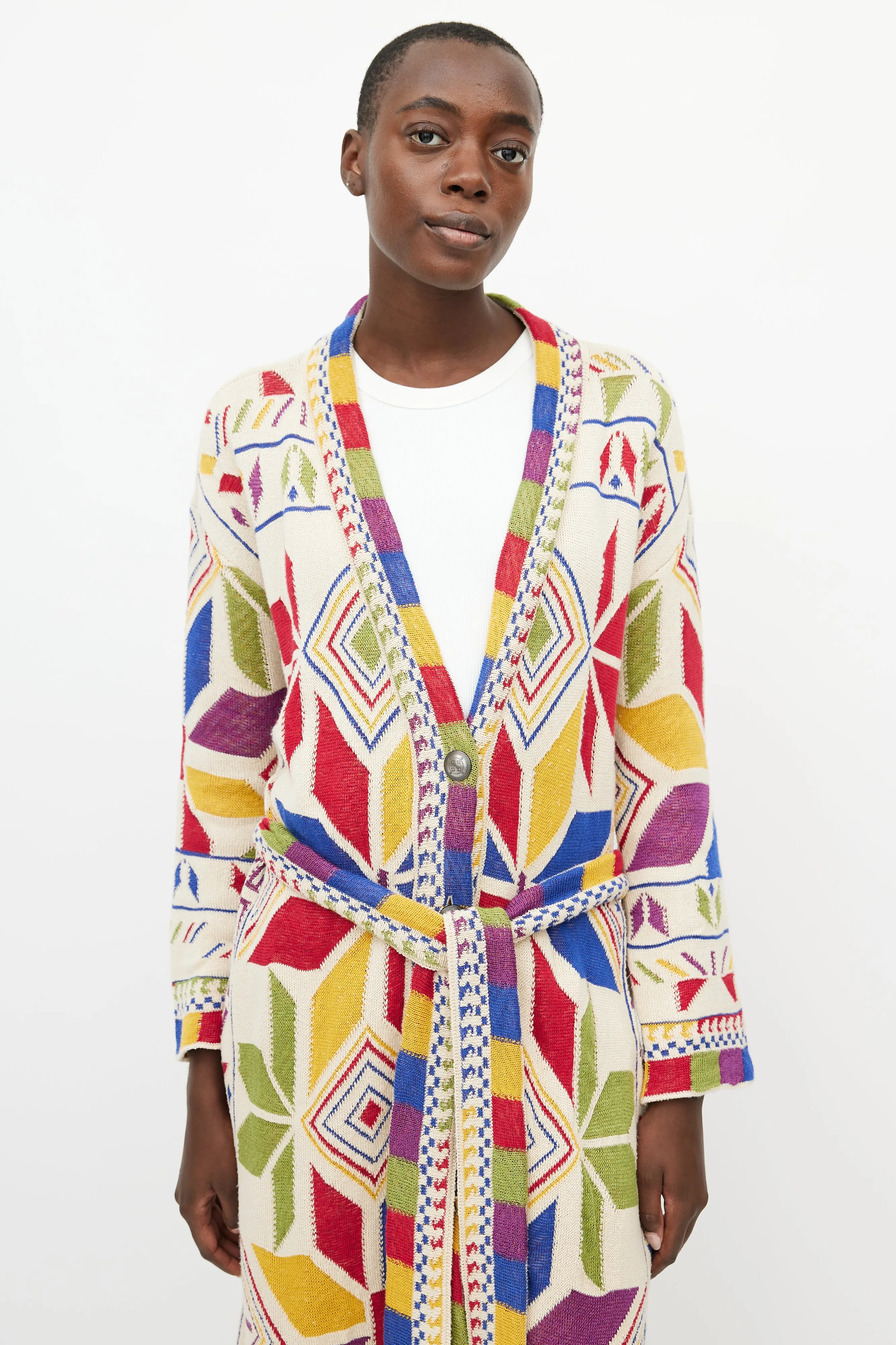 Beige & Multi Long Belted Cardigan