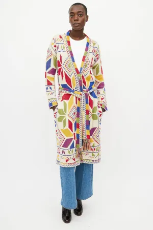 Beige & Multi Long Belted Cardigan