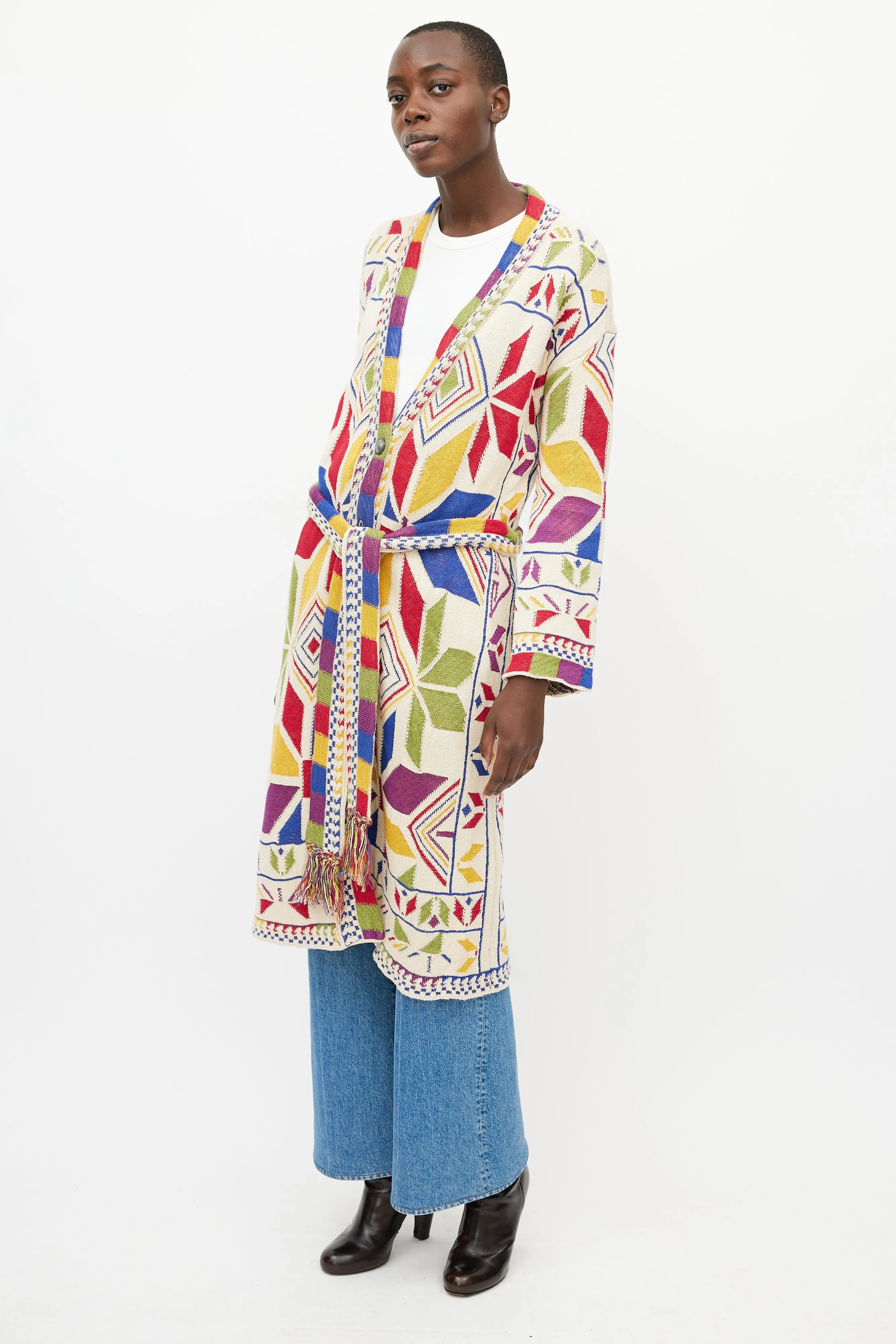 Beige & Multi Long Belted Cardigan
