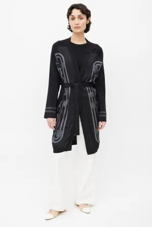 Black & Grey Silk Print Belted Cardigan
