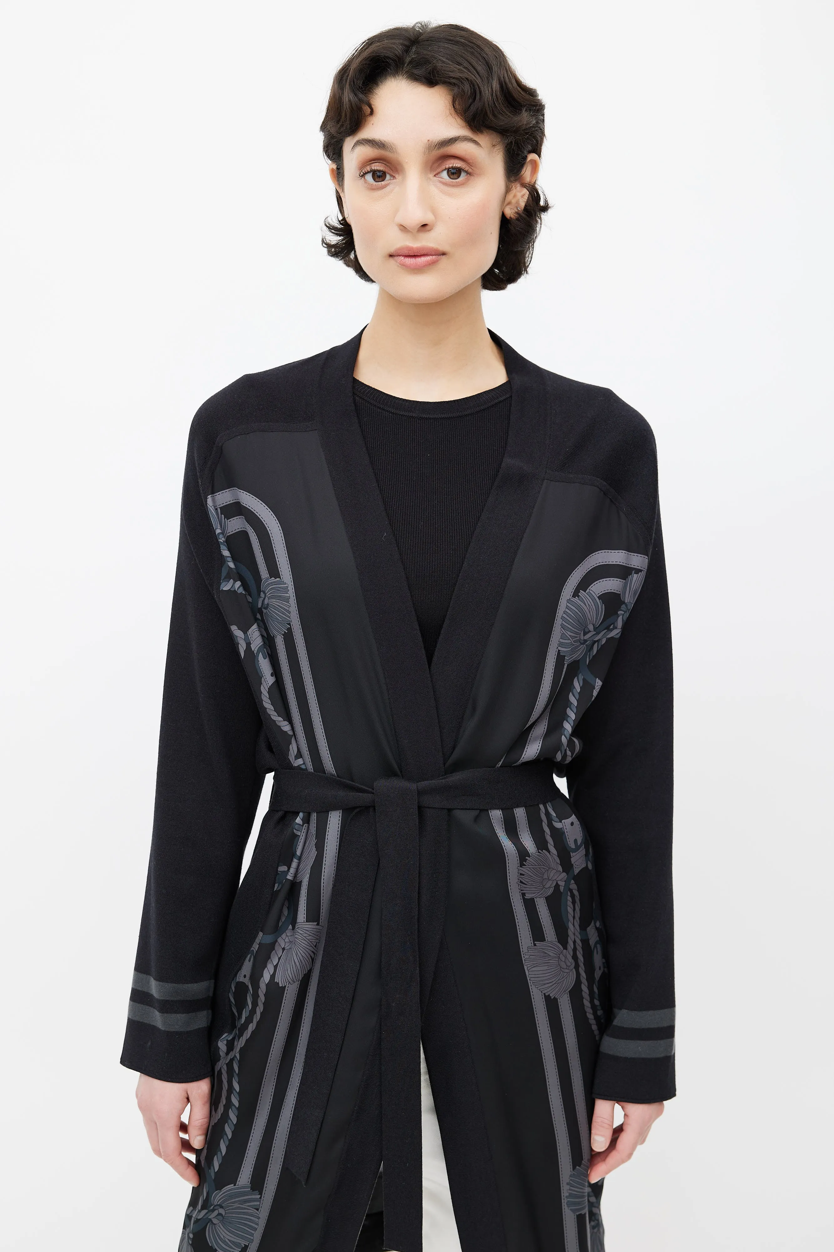 Black & Grey Silk Print Belted Cardigan