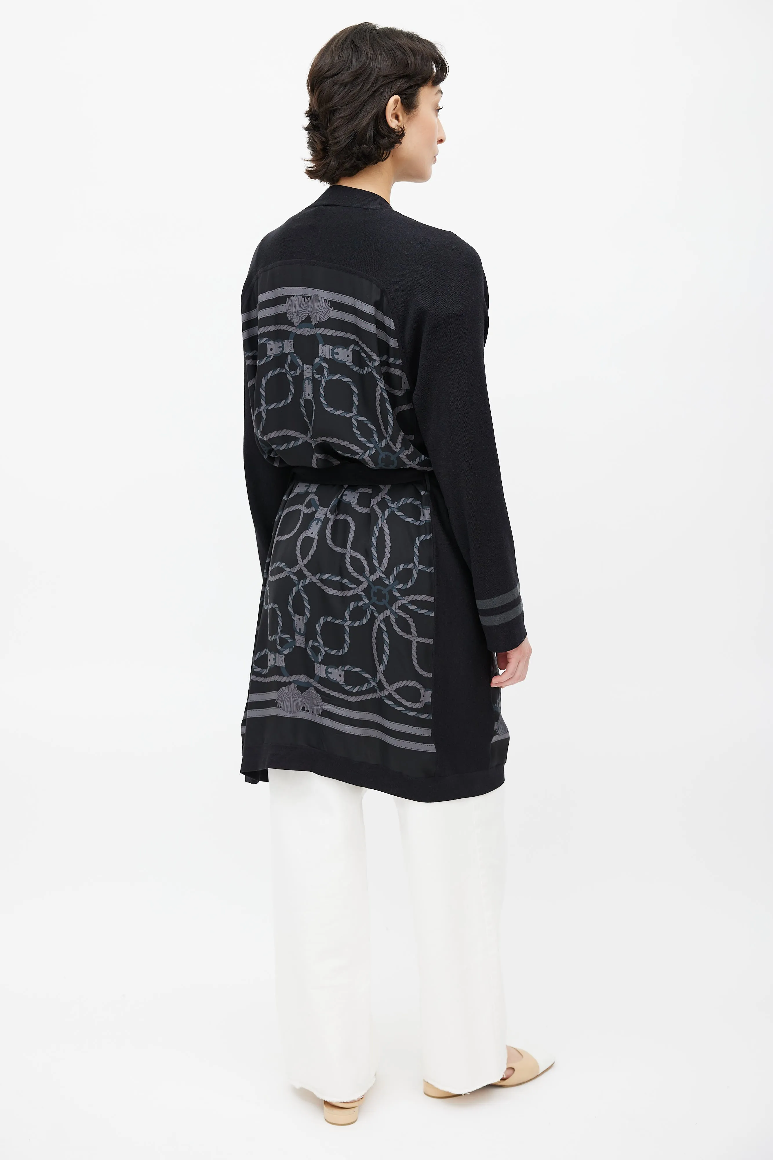 Black & Grey Silk Print Belted Cardigan