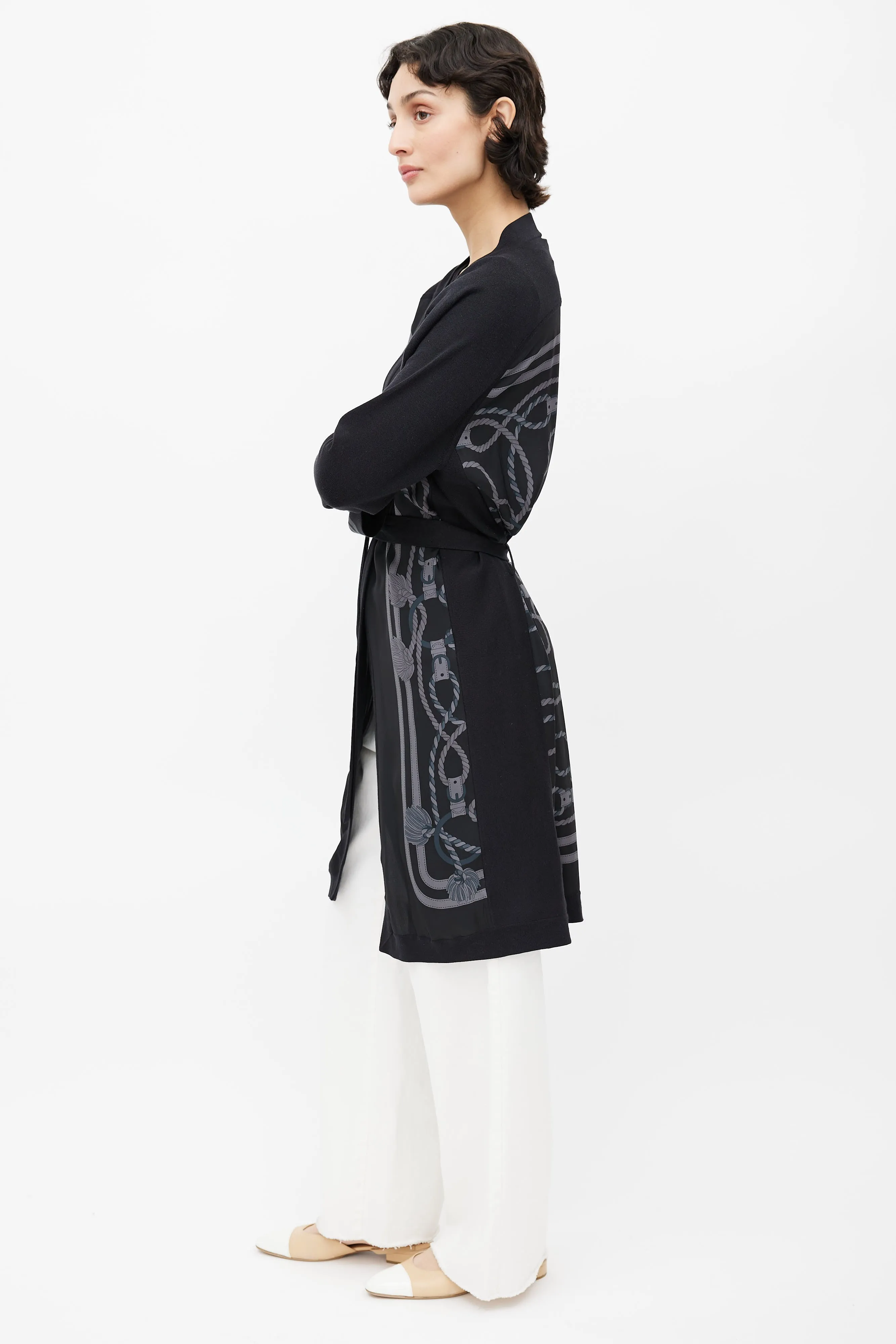 Black & Grey Silk Print Belted Cardigan