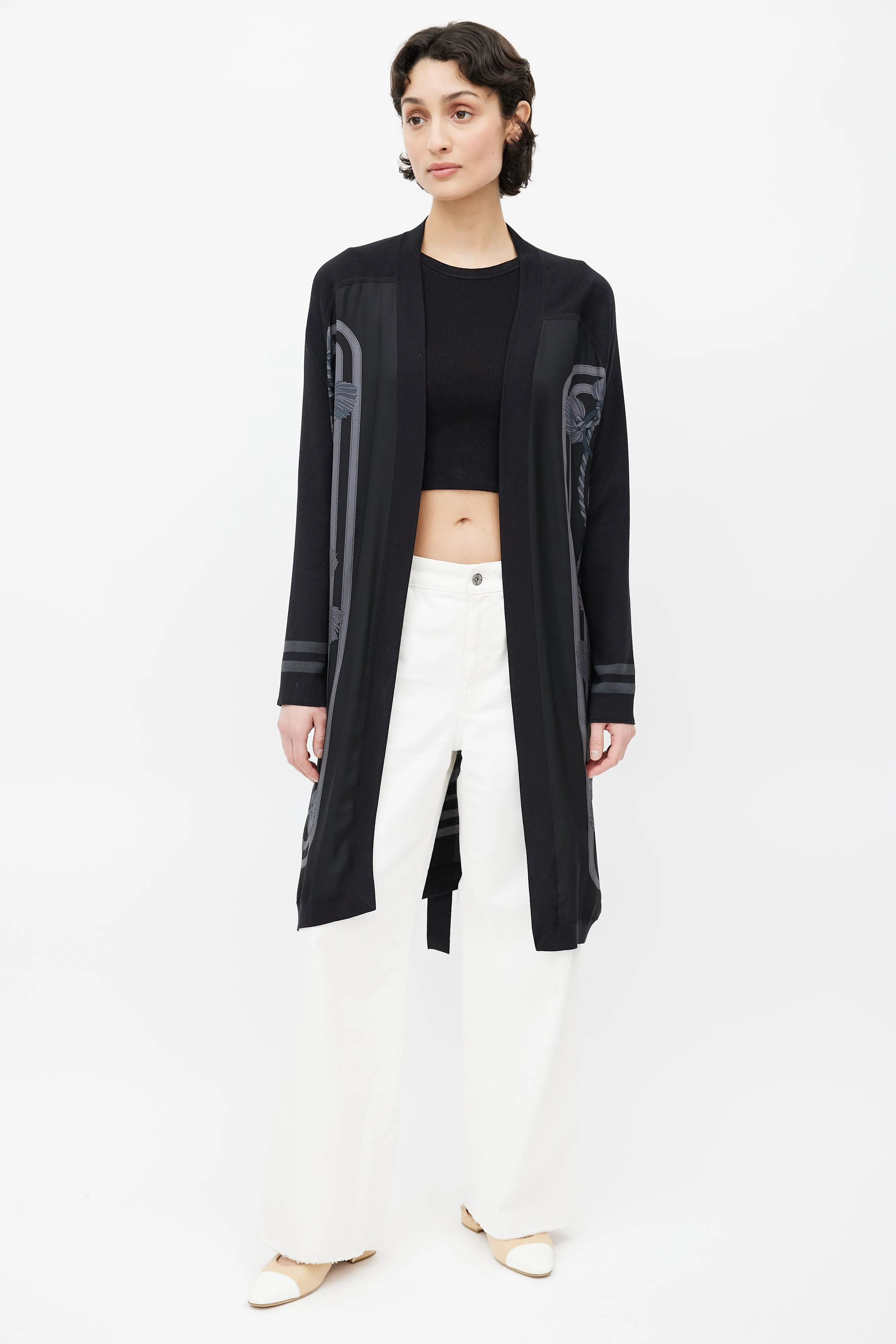 Black & Grey Silk Print Belted Cardigan