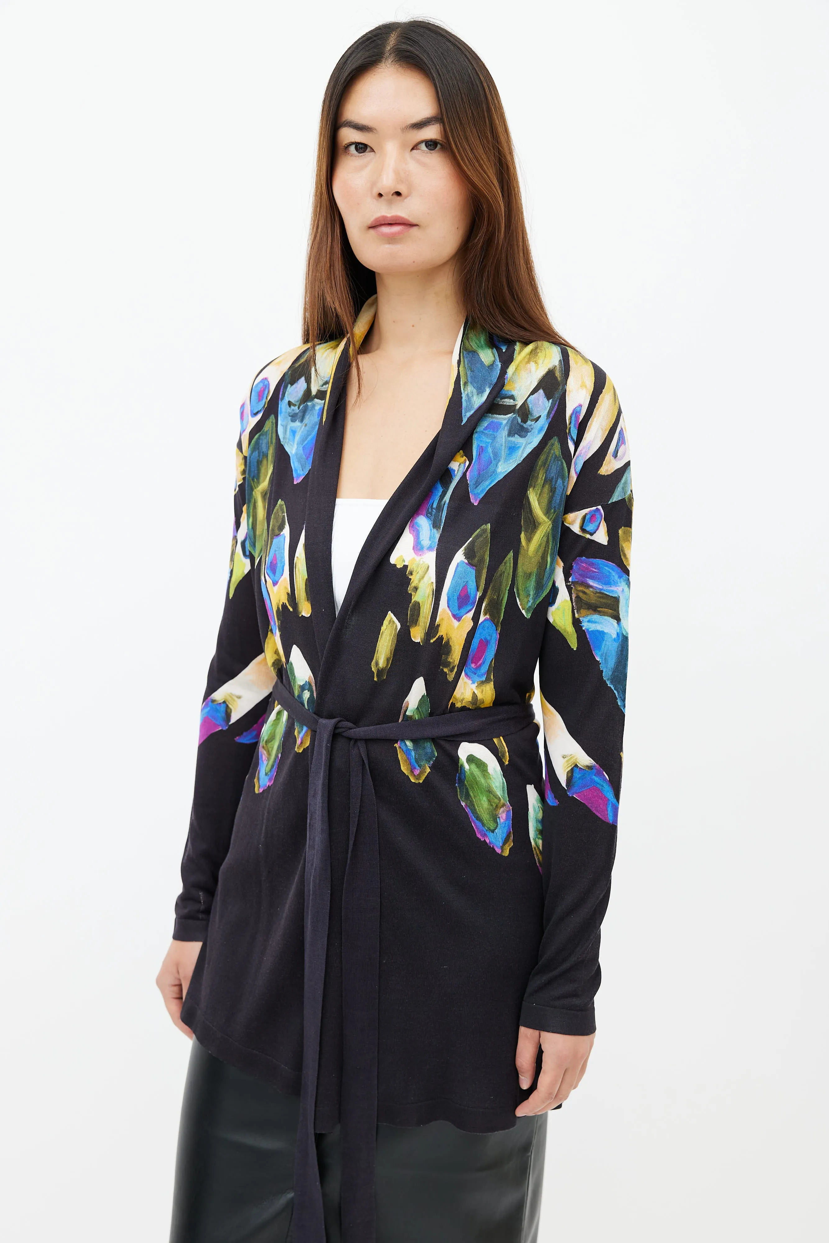 Black & Multi Feather Print Belted Cardigan