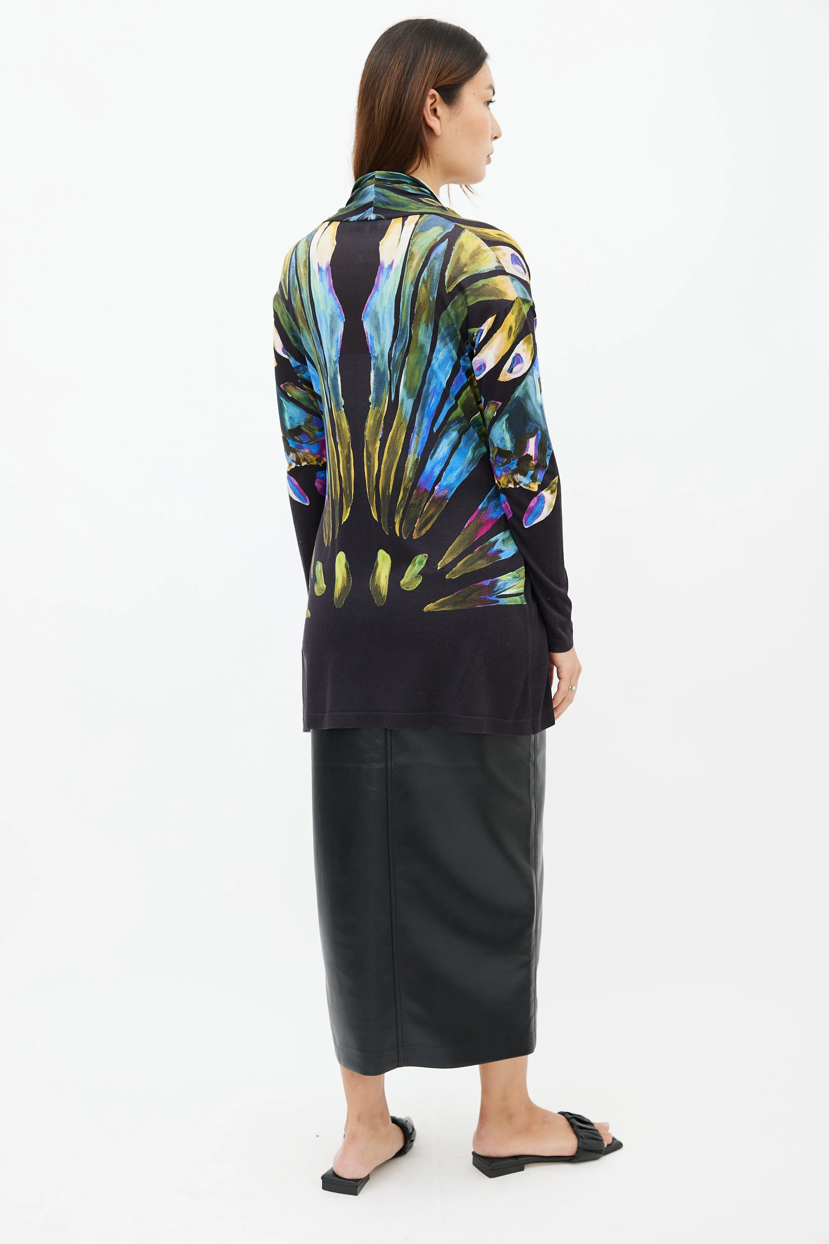 Black & Multi Feather Print Belted Cardigan